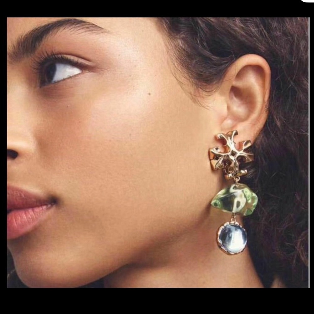 Tory Burch Gold Rolled Brass Double Drop Green Clear chunky Earrings $198